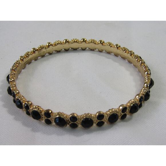 Gold Tone Black Bead Wrist Bangle Bracelet 8 1/2" Minimal Neutral Oval Elegant - Picture 1 of 5